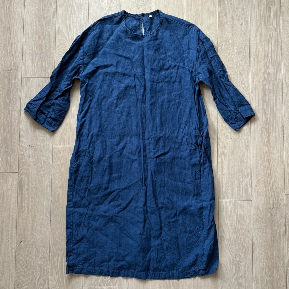 Muji Washed Linen Long Sleeve Dress in Blue Women’s Size Medium